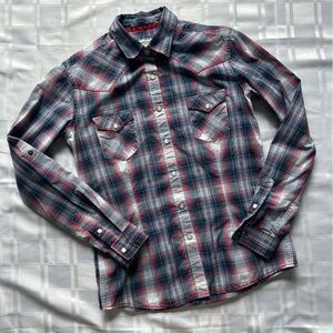 Panhandle Slim Red & Blue Plaid Long Sleeve Roll Tab Clasp Closure Western Top